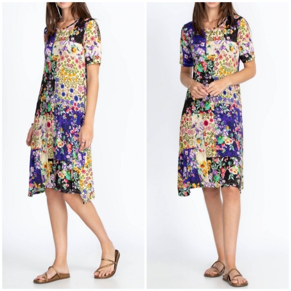 Johnny Was Sky Flower Short Sleeve Bamboo Knit Swing Dress Sz Small